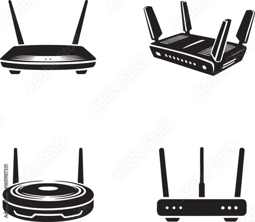 Set of WIFI Router silhouette vector illustration isolated On Transparent Background 