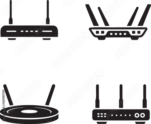 Set of WIFI Router silhouette vector illustration isolated On Transparent Background 