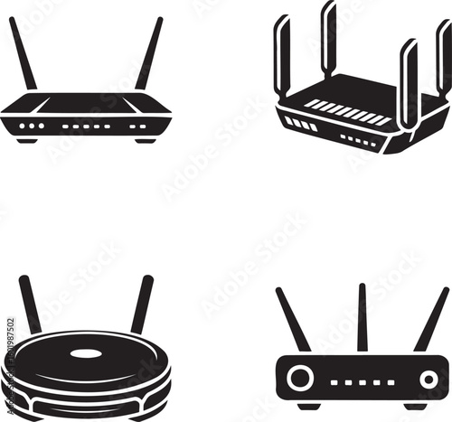 Set of WIFI Router silhouette vector illustration isolated On Transparent Background 