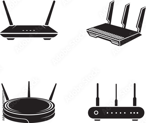 Set of WIFI Router silhouette vector illustration isolated On Transparent Background 