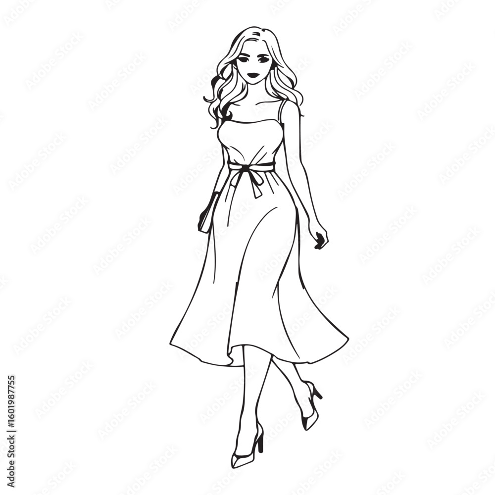 Elegant fashion illustration of a young woman in a flowing dress and high heels Elegant fashion illustration of a young woman in a flowing dress and high heels