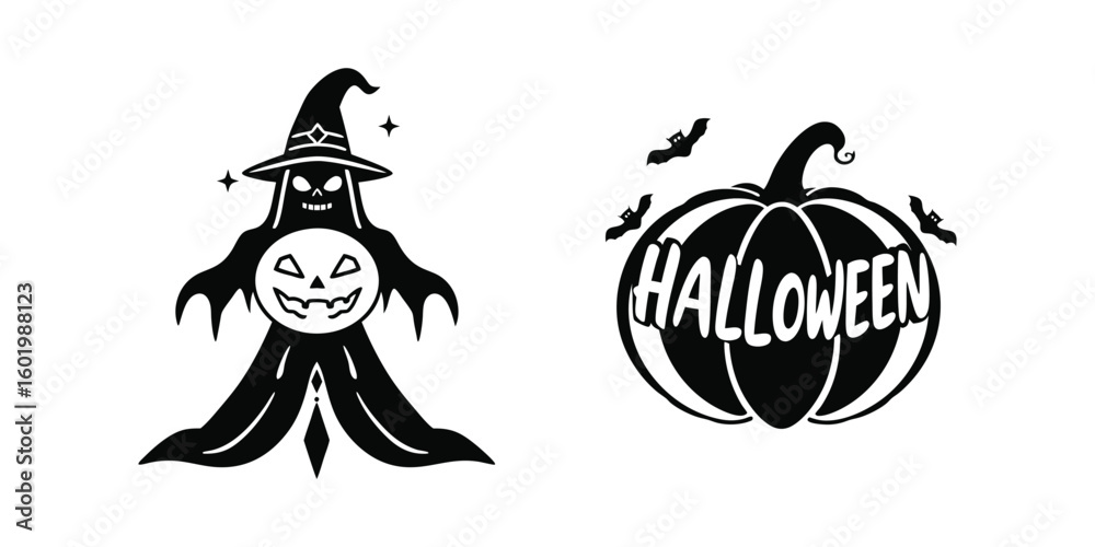 Fototapeta premium Spooky Halloween ghost in witch hat and pumpkin with bats festive holiday atmosphere for your scary celebrations vector illustration