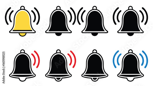 Eight ringing bell icons with different colored sound waves