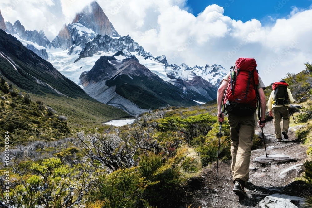 Fototapeta premium Hikers enjoying the autumn landscape in the mountains with vibrant foliage during a clear afternoon