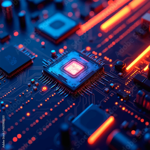 Microchip close-up with beautiful light. Puce électronique, processeur en gros plan avec une belle lumière.