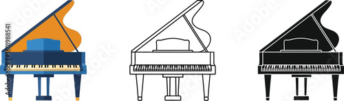 Grand piano vector illustration set, musical instrument drawing, piano keyboard, concert hall design editable