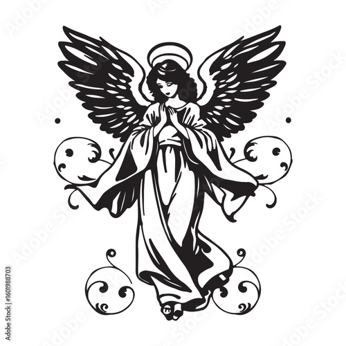 Stylized black silhouette of a mythical angelic creature with elaborate wings and flowing tail