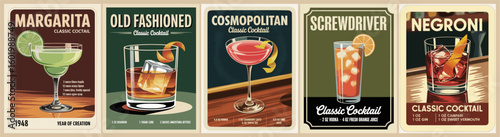 Set of Cocktail retro posters with recipe. Cosmopolitan, Negroni, Margarita, Old Fashioned cocktails. Popular alcohol drinks. Vintage vector illustration, bar, pub, restaurant, kitchen decor
