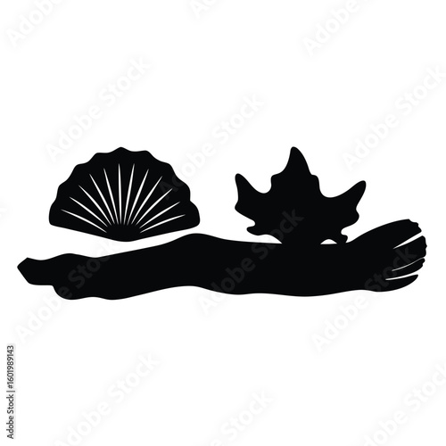 Silhouette of a mermaid resting on a log with a seashell