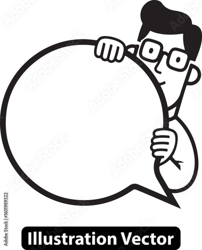 Line art drawing of a cartoon man with glasses holding a large empty speech balloon