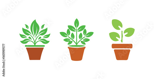 Minimal Green Leaf Plant Icons in Flower Pots Flat Vector Collection, Elegant Potted Flower Icons , vector illustration eps 10.