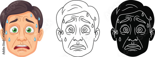 Illustration of stressed man with anxiety and panic attack symptoms in color line and black style editable