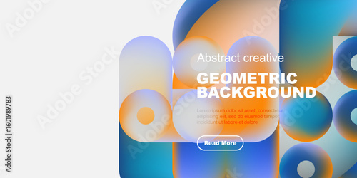 Abstract geometric shapes, vibrant colors, modern design. Text overlay includes geometric background, plus sample text, button.