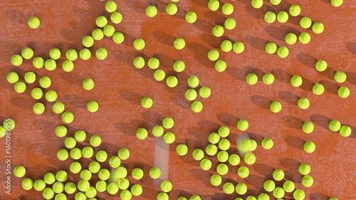 Random tennis balls shooting into an array of balls on an orange clay surface