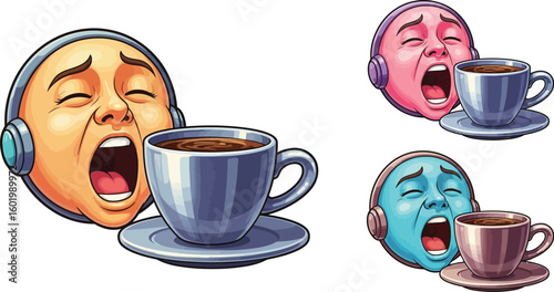 Tired yawning face with coffee cup illustration for fatigue caffeine need concept vector graphic editable