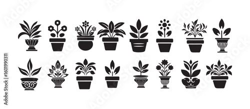 Flowerpot flat icond, Minimal Botanical Icons with Potted Plants, Home & Office Greenery Set, 