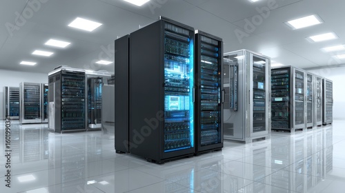 Data Fortress: Cutting-edge server racks stand sentinel, glowing within a modern data center, symbolizing technological might and secure digital storage.