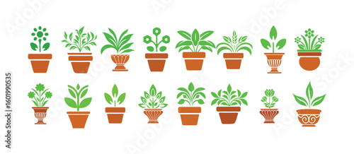 Flowerpot flat icond, Minimal Botanical Icons with Potted Plants, Home & Office Greenery Set, 
