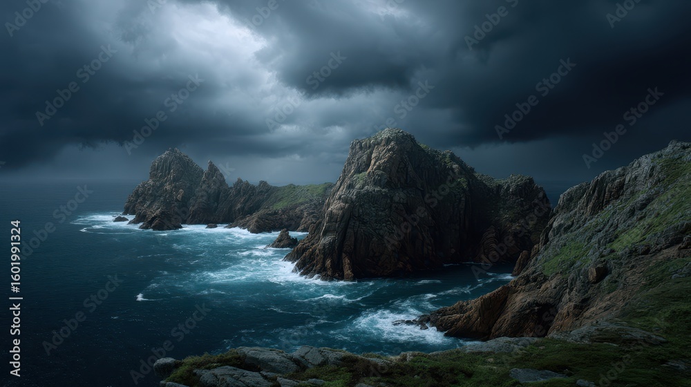 Dramatic coastal cliff with approaching storm under dark moody skies Dramatic coastal cliff with approaching storm under dark moody skies