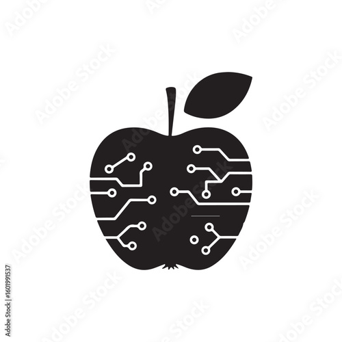Bio technology vector icon, apple with circuit web symbol isolated on white background. Vector flat illustration of genetically modified product, future tech concept.
