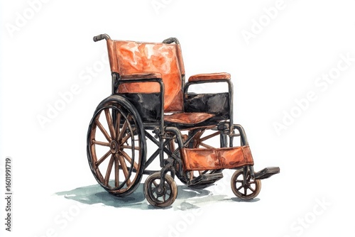 A watercolor illustration of a classic wheelchair with brown leather seating and metal frame, depicted in a simple, artistic style on a white background.