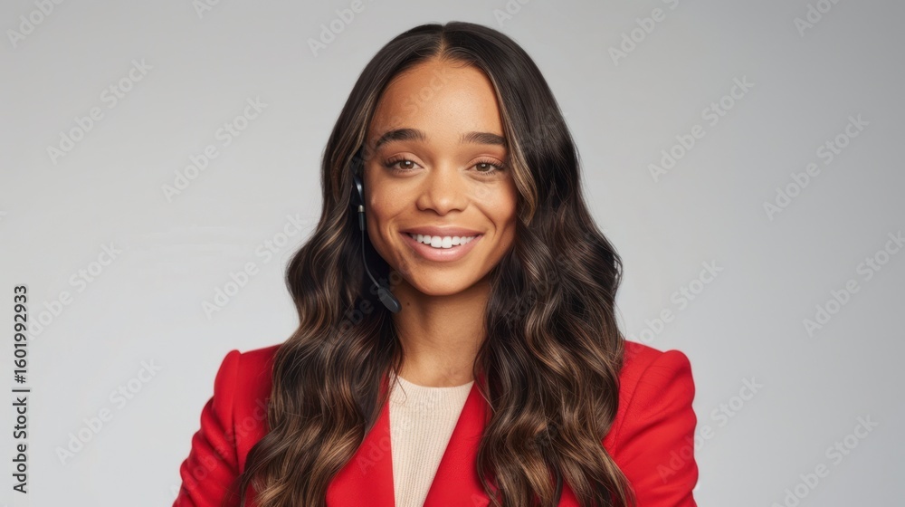 Smiling woman in red blazer wears a headset against a neutral gray background Smiling woman in red blazer wears a headset against a neutral gray background