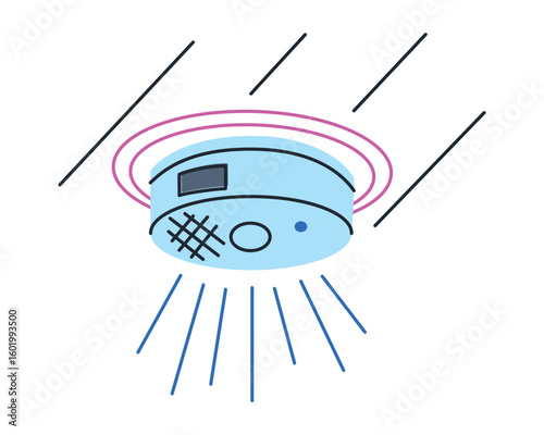 Flat cartoon vector illustration of smart smoke detector on ceiling with Wi Fi control. Wireless home safety device, modern fire alert system, smart home automation, interior security