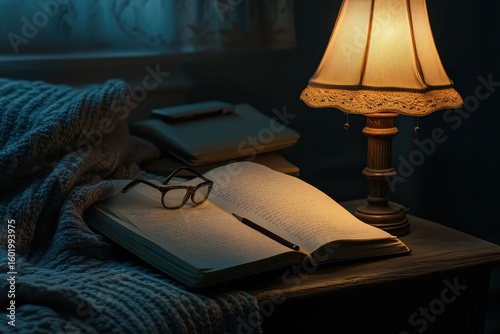Warm lamplight illuminates open book and eyeglasses.