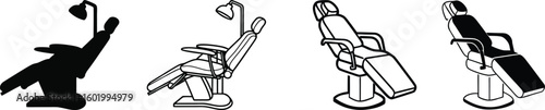 dental medical chair with headrest, black and white dentist equipment.