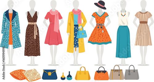 Illustration of mannequins displaying various outfits with dresses, coats, and accessories below