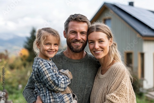 Family standing together in front of their house with solar panels on the roof, promoting a sustainable and eco-conscious lifestyle, Generative AI