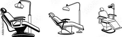 dental medical chair with headrest, black and white dentist equipment.
