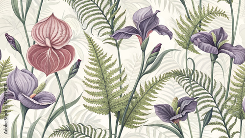 Seamless vector illustration of iris and anthurium flowers and fern leaves. For printing on fabric, wallpaper or curtains.