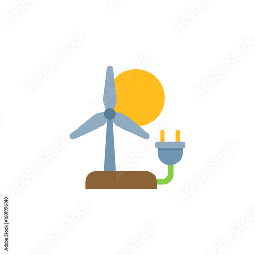 Vector icon of wind turbine with sun and plug, symbol of renewable, sustainable and eco-friendly energy.