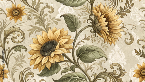 Seamless sunflower pattern with damask, baroque, rococo and victorian motifs on a textured background. Floral seamless pattern.