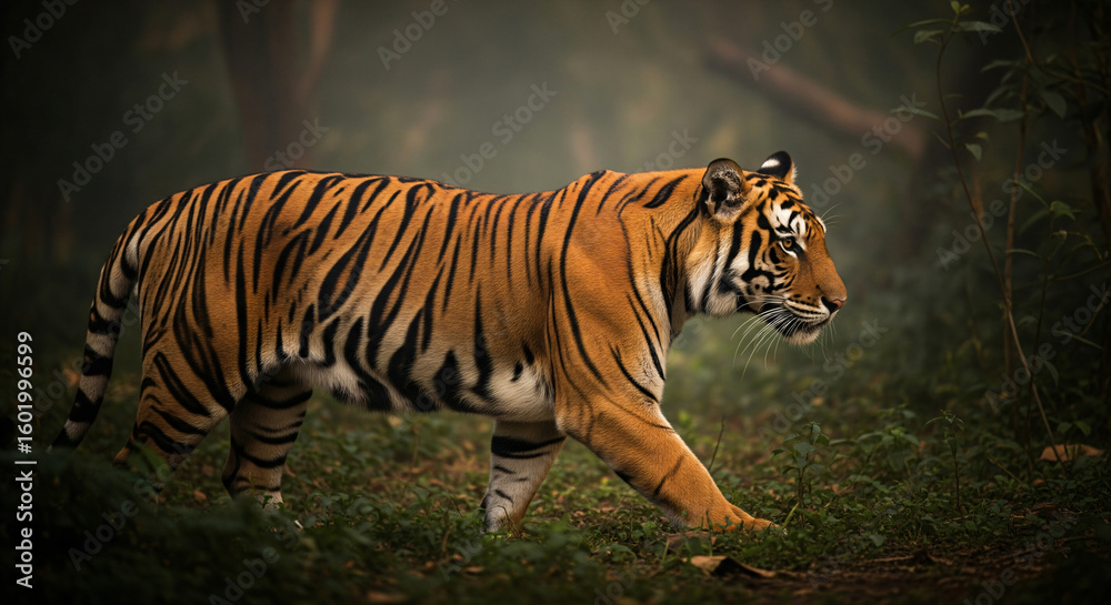 Fototapeta premium Bengal Tiger Walking Through Jungle – Symbol of Strength and Wilderness.Genareted AI.