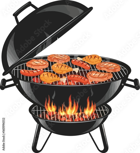 Illustration of a black barbecue grill with various meats cooking over an open flame on a white background