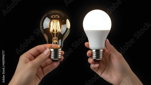 Hands comparing a glowing vintage incandescent light bulb and a modern energy-saving LED bulb on a black background. A concept of technological evolution, progress, and choosing