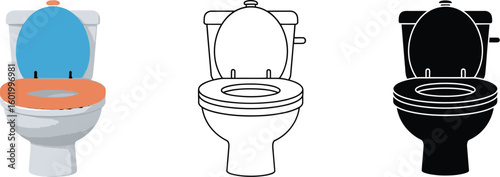 Toilet bowl vector illustration set, bathroom fixture in color, outline and silhouette style, wc icon editable