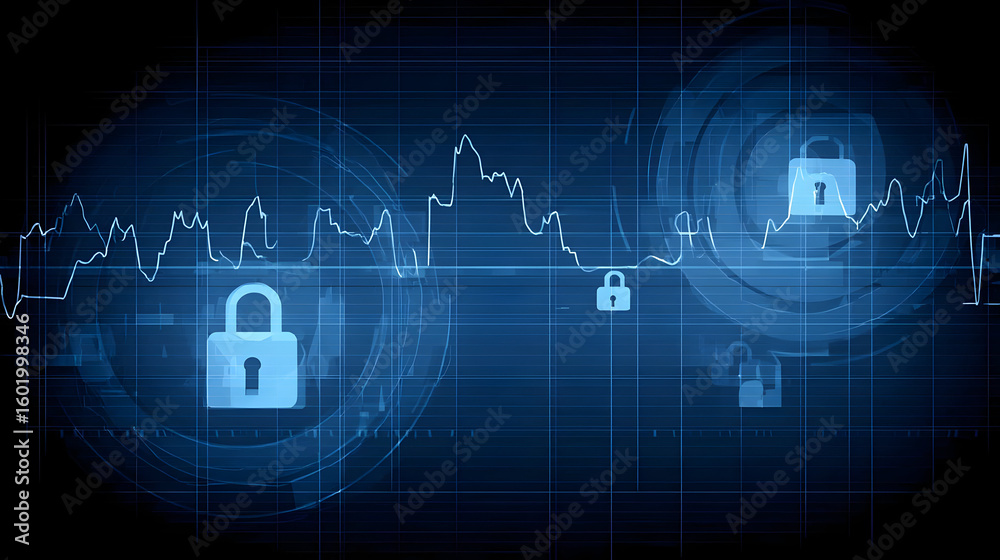 interface with padlocks, graphs, and secure login indicators on a dark blue background interface with padlocks, graphs, and secure login indicators on a dark blue background