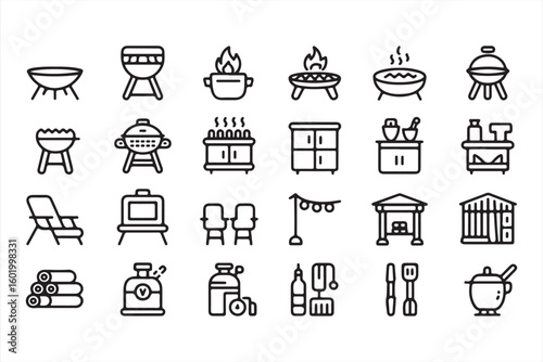Black and White Set of Outdoor Grills, Cooking Tools, and Furniture Icons