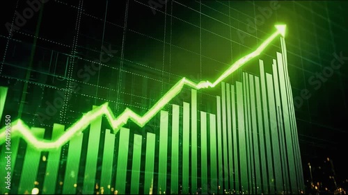 Green upward trending graph climbing against dark background, displaying financial growth and investment performance with blurred bokeh lighting