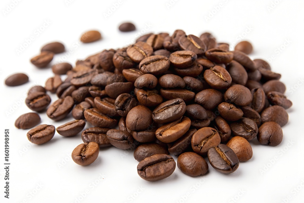 Naklejka premium High-Resolution Close-Up of Roasted Coffee Beans on White Background