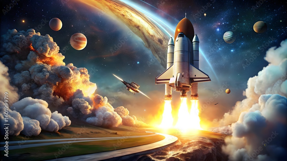 Obraz premium Space shuttle launch with planetary background and orbiting spacecraft