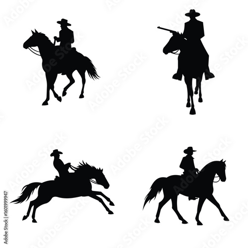 Cowboy Riding Horse Silhouette Vector Set