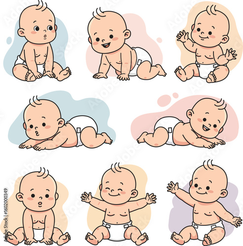 Cute Babies in Various. set of Happy Babies Baby's First Movements