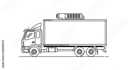 Vector line drawing of a commercial refrigerated truck for cold chain logistics. Outline illustration of a freight vehicle for transportation.