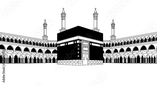 A black and white line art illustration of the sacred Kaaba in Mecca, the holiest site in Islam and center for pilgrimage.