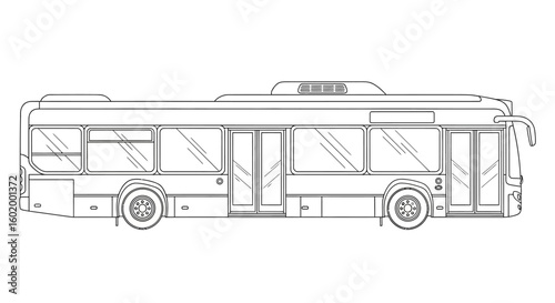 City bus side view line art illustration. A technical drawing concept for public transportation and vehicle schematics.