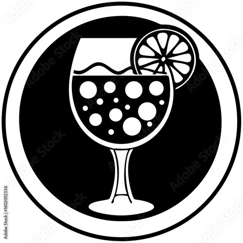 Glass of orange sangria with fruit slice and bubbles in black circle  